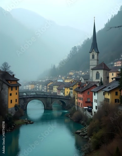 A picturesque town nestled in a mountainous, foggy landscape with a turquoise river flowing through it. The town features colorful buildings, bridges, and a church steeple. The scene has a serene, his photo