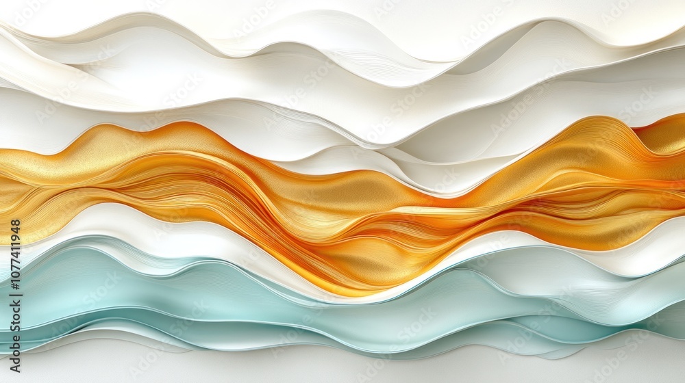 Obraz premium Abstract wavy background with gold, white, and blue colors.
