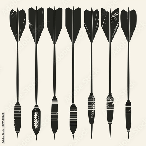 Stylized illustration of eight black darts aligned vertically against a light background, showcasing their unique feather and shaft designs.