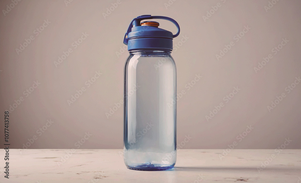 Clear blue water bottle with a blue lid Clear blue water bottle with a blue lid