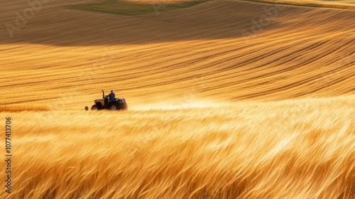 Tractor Traveling Through Rolling Hills of Golden Wheat