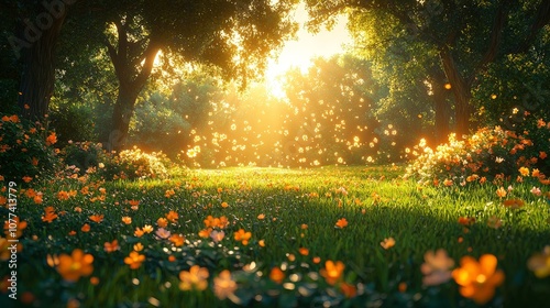 A serene forest scene with sunlight filtering through trees and flowers blooming in the meadow.