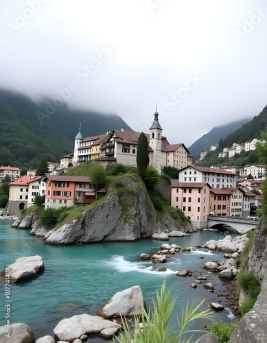 A picturesque town nestled in a mountainous, foggy landscape with a turquoise river flowing through it. The town features colorful buildings, bridges, and a church steeple. The scene has a serene, his photo