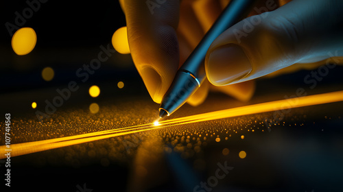 A digital signature being created on a high-resolution touchscreen with a stylus hovering over a glowing line. photo