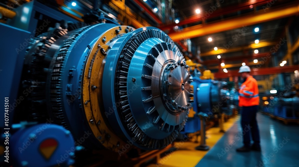 Fototapeta premium A sprawling engine room filled with intricate machinery is illuminated by the warm glow of factory lights, capturing the grandeur and enormity of industry.