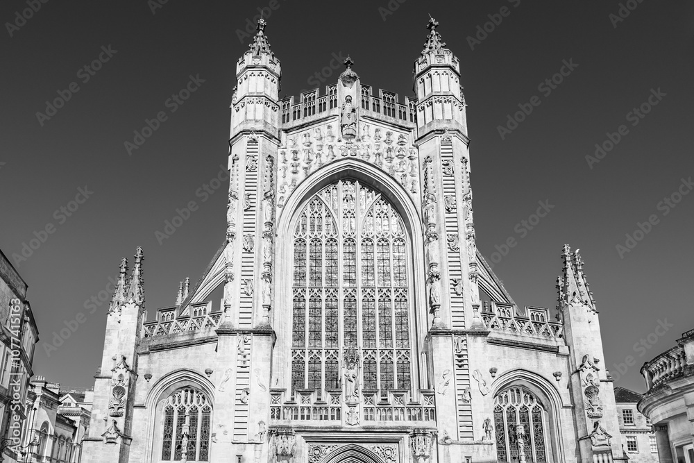 Bath, Somerset, England, UK: Githic facade of Bath Abbey, the Abbey Church of Saint Peter and Saint Paul in black and white Bath, Somerset, England, UK: Githic facade of Bath Abbey, the Abbey Church of Saint Peter and Saint Paul in black and white