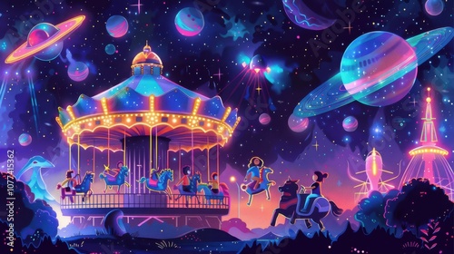 Fototapeta Naklejka Na Ścianę i Meble -  Illustration of kids riding on a space carousel through a cosmic amusement park, with gravity-defying rides and alien attractions in vector style