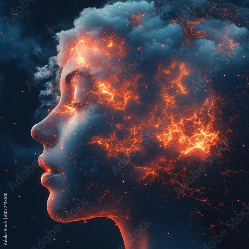 A woman's face is formed from clouds with fire burning within.