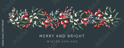 Christmas garland, text Merry and bright, black background. Mistletoe, green twigs, red berries, rosehips. Winter nature design. Vector illustration. Greeting banner template. Xmas forest