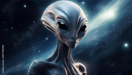 an alien with an elongated head and deep black eyes drifts silently in the dark expanse of space encircled by soft starlight and wispy cosmic clouds photo