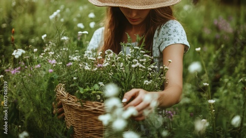 Woman gathering healing herbs in nature for traditional medicine and natural remedies photo