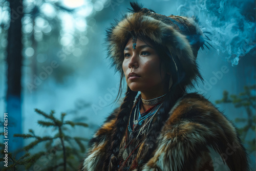 Siberian shaman woman in traditional fur hat, gazing intently in a mystical forest setting, with swirling smoke and a serene, powerful presence. Generative AI photo