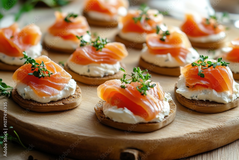 Salmon appetizers on crackers with cream cheese and herb Salmon appetizers on crackers with cream cheese and herb