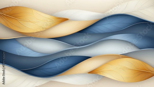 Abstract composition with flowing golden and blue leaf shapes. Fluid lines create a sense of elegance and movement. Ideal for design and digital art themes. photo