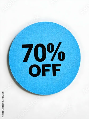 Black '70% OFF' Text on a Sky Blue Round Paper Note. White Background 