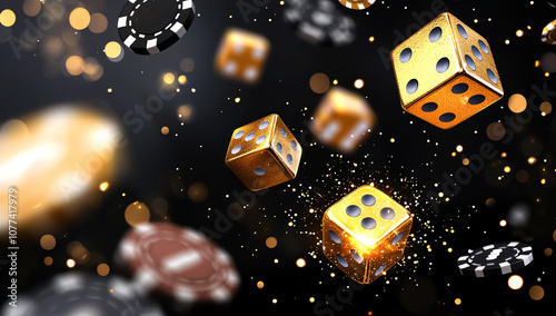 Dynamic image of golden dice and poker chips floating in mid-air against a dark background, capturing the essence of risk and chance in gambling.