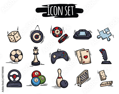 Bright vector set of hand drawn icons of board games, entertainment and leisure. Simple signs and symbols for design, design elements for website, application, flyer