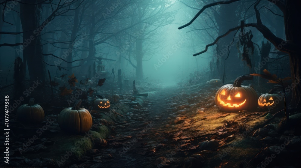 Spooky Halloween Forest Path with Jack-O'-Lanterns