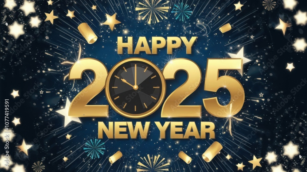 Fototapeta premium card or banner to wish a happy new year 2025 in gold with gold-colored circles and glitter in bokeh effect on a blue background 