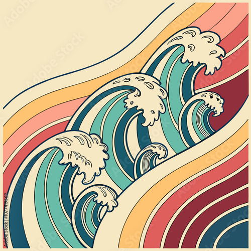 A retro-inspired illustration of stylized waves crashing over a colorful striped background.  This design is perfect for adding a touch of vintage flair to your projects.