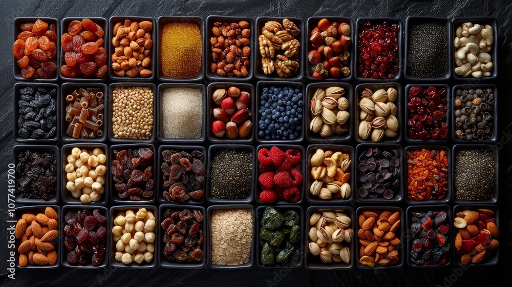 Variety of dried fruits, nuts, and seeds arranged in small black bowls on a black background.