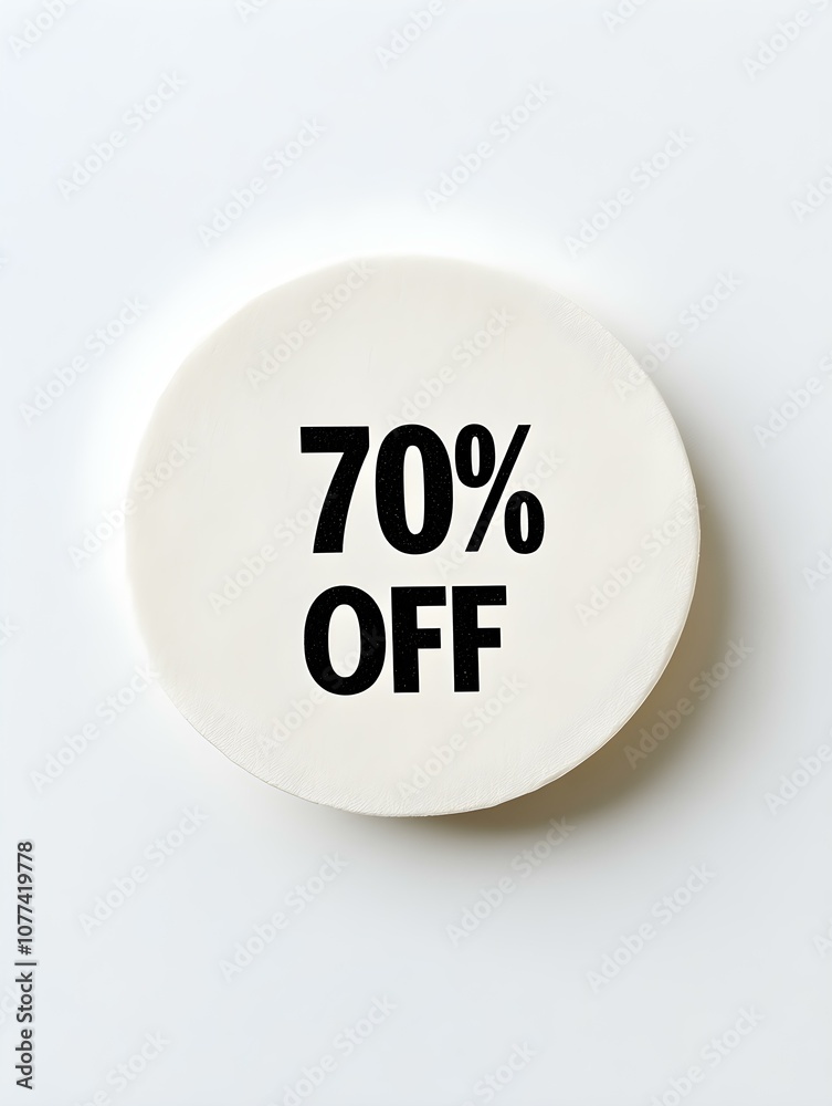 Black '70% OFF' Text on a White Round Paper Note. White Background Black '70% OFF' Text on a White Round Paper Note. White Background
