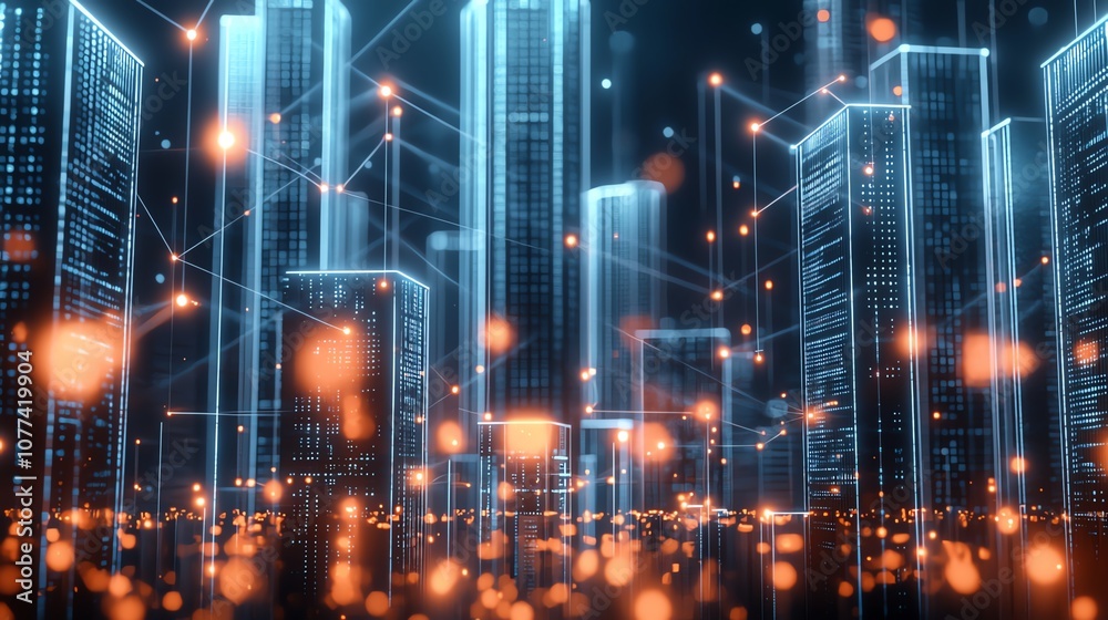 Fototapeta premium Futuristic cityscape with glowing digital lines and vibrant orbs, symbolizing innovation and advanced technology in a modern urban environment.
