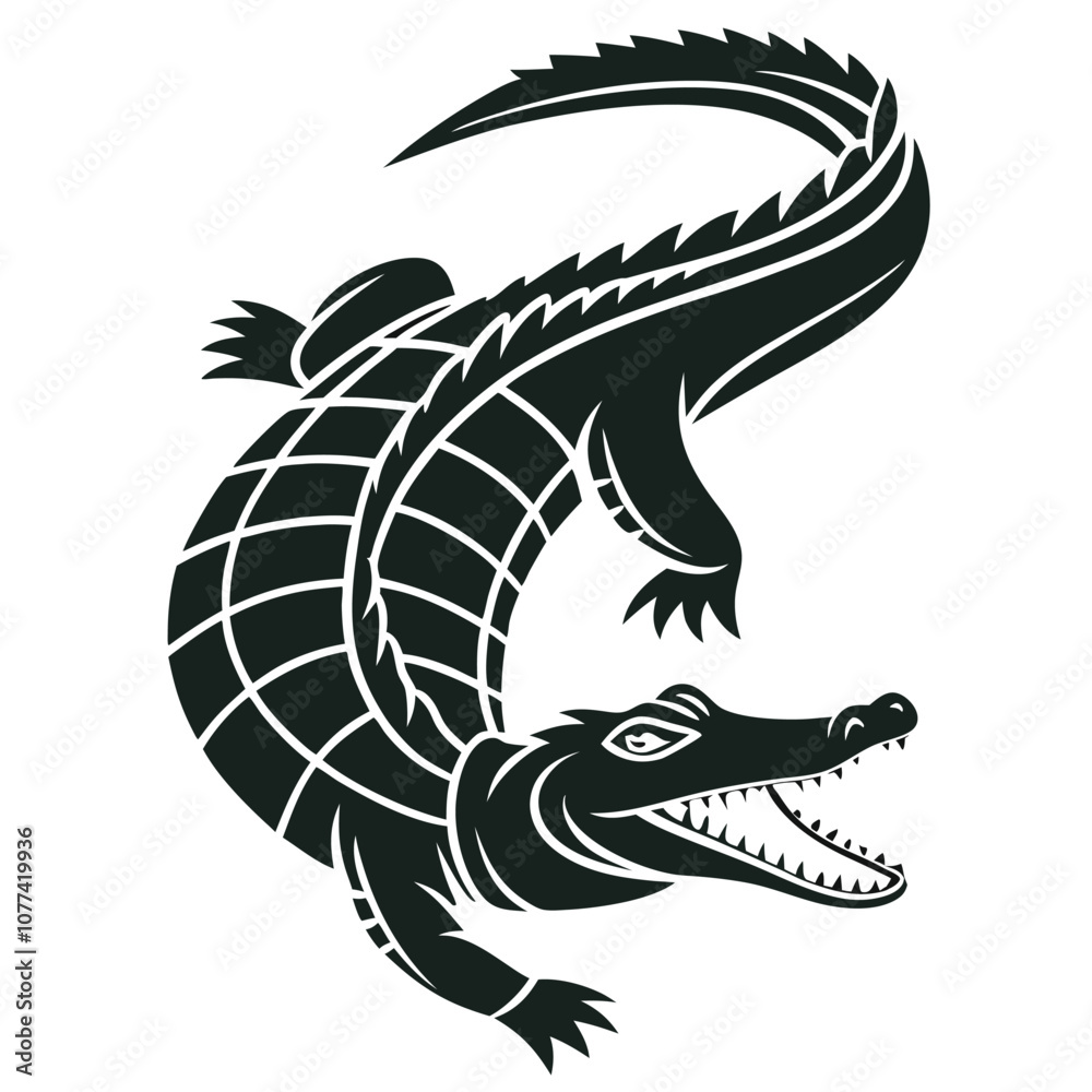 Fototapeta premium A powerful and dramatic illustration of an alligator, a perfect symbol of strength and resilience. This detailed graphic features a striking silhouette of a ferocious alligator with its teeth bared.