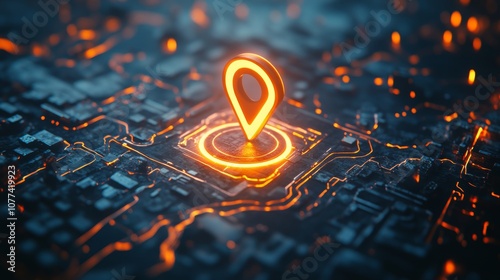 Futuristic glowing gps icon on digital map showcasing advanced geolocation and navigation technology photo