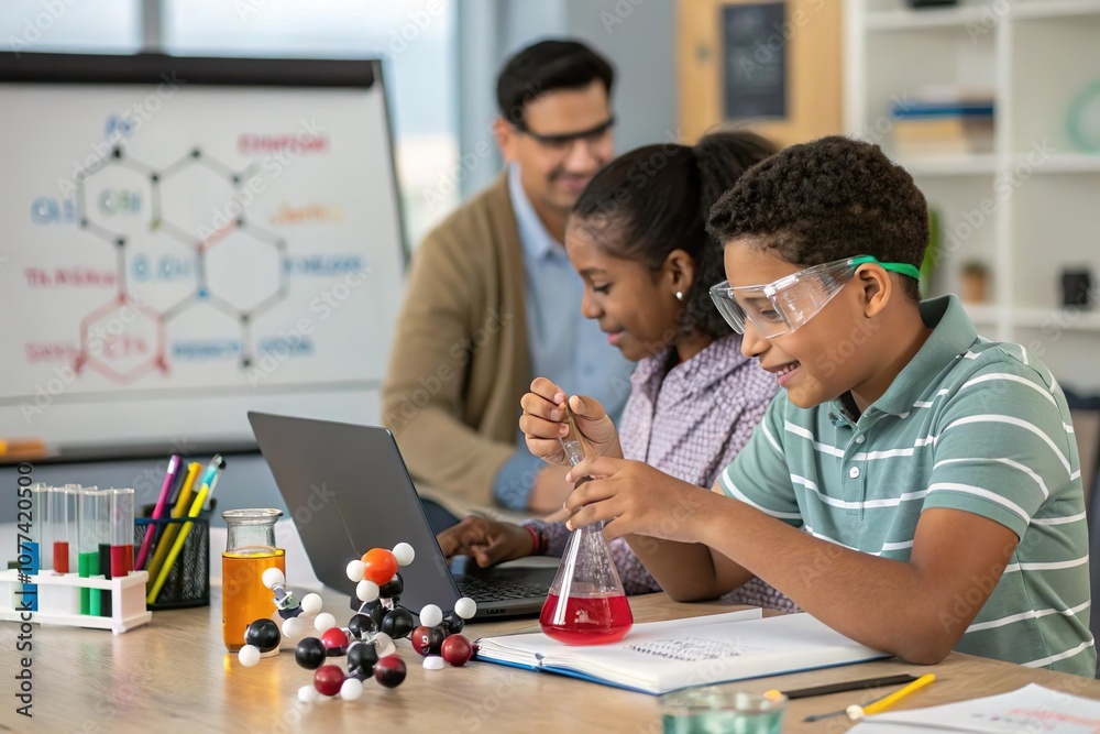 Fröhliche Schüler arbeiten an einem Chemieprojekt und analysieren Flüssigkeiten im Klassenzimmer. Fröhliche Schüler arbeiten an einem Chemieprojekt und analysieren Flüssigkeiten im Klassenzimmer.