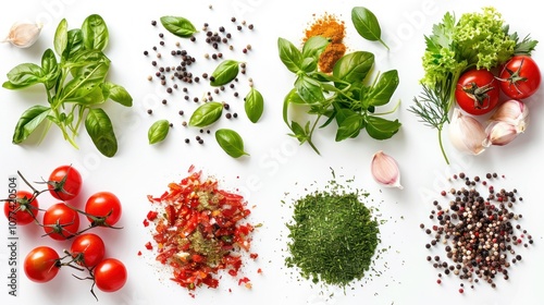 Assortment of fresh herbs and spices on white background photo