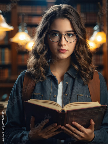 Studious young woman in glasses, holding a book with a focused expression, surrounded by warm library lighting and shelves of books. Generative AI