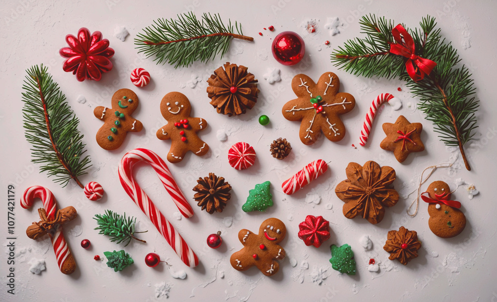 Bunch of Christmas cookies and candy are spread out on a white background Bunch of Christmas cookies and candy are spread out on a white background