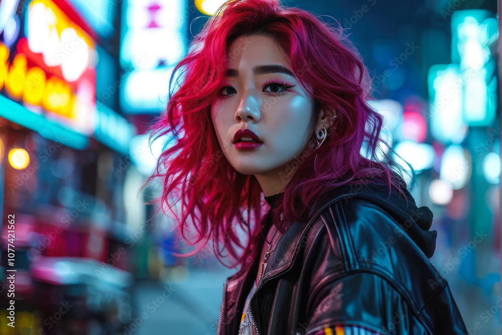 Young Korean pop artist with vibrant pink hair and trendy makeup, wearing stylish streetwear and posing against a neon-lit urban backdrop, capturing a modern, edgy aesthetic. Generative AI Young Korean pop artist with vibrant pink hair and trendy makeup, wearing stylish streetwear and posing against a neon-lit urban backdrop, capturing a modern, edgy aesthetic. Generative AI