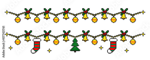 Pixel Christmas decorations, festive garland in pixel style. Pixel style holiday garland.