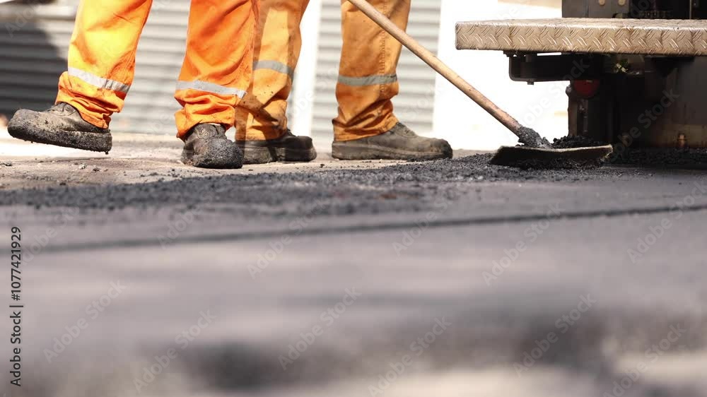 Workers in orange uniforms apply asphalt while using shovels and machinery to create a new road surface in a bustling urban area during the day. Workers in orange uniforms apply asphalt while using shovels and machinery to create a new road surface in a bustling urban area during the day.