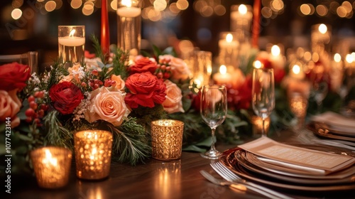 A beautifully decorated table setting for a special occasion with red and white roses, gold candles, and sparkling wine glasses.