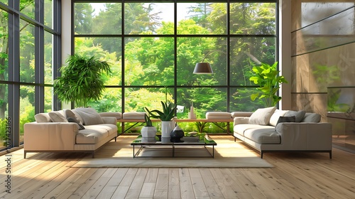 Contemporary living room with sleek furniture, light wood flooring, and a large window showcasing a garden view