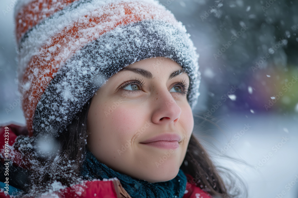 Joyful woman gazes into the snowy landscape on a winter day Joyful woman gazes into the snowy landscape on a winter day