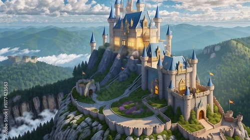 Majestic castle perched on a mountain with breathtaking views of rolling hills and distant peaks at sunset