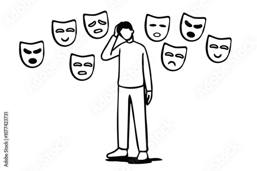 Sad person choosing fake emotion paper masks. Hiding real feelings. Mental disorder concept design. Line art illustration