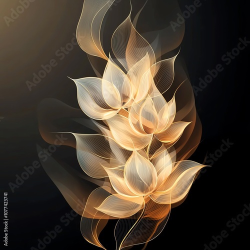 Abstract floral pattern with translucent glowing petals against a dark background, creating a serene and mystical atmosphere with golden hues. photo