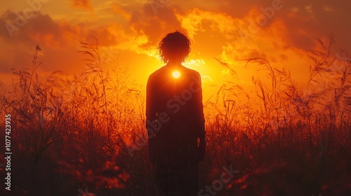 A silhouette of a person standing in a field of tall grass with the sun setting behind them.