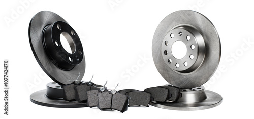 different brake discs and brake pads on white background