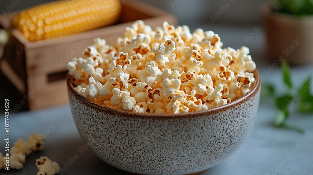 A rustic bowl filled with freshly popped popcorn sits on a table, with a corn cob visible in the background. A rustic bowl filled with freshly popped popcorn sits on a table, with a corn cob visible in the background.