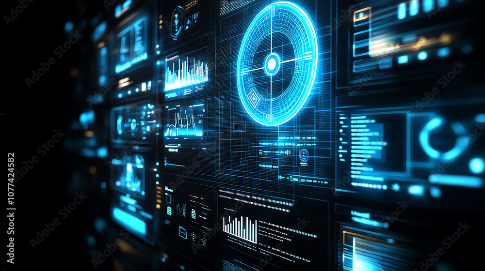 Futuristic digital interface with holographic elements and data displays, showcasing advanced technology and modern innovation in a high-tech environment. Futuristic digital interface with holographic elements and data displays, showcasing advanced technology and modern innovation in a high-tech environment.
