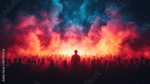 A single person stands silhouetted against a fiery sky with a large crowd of people below.