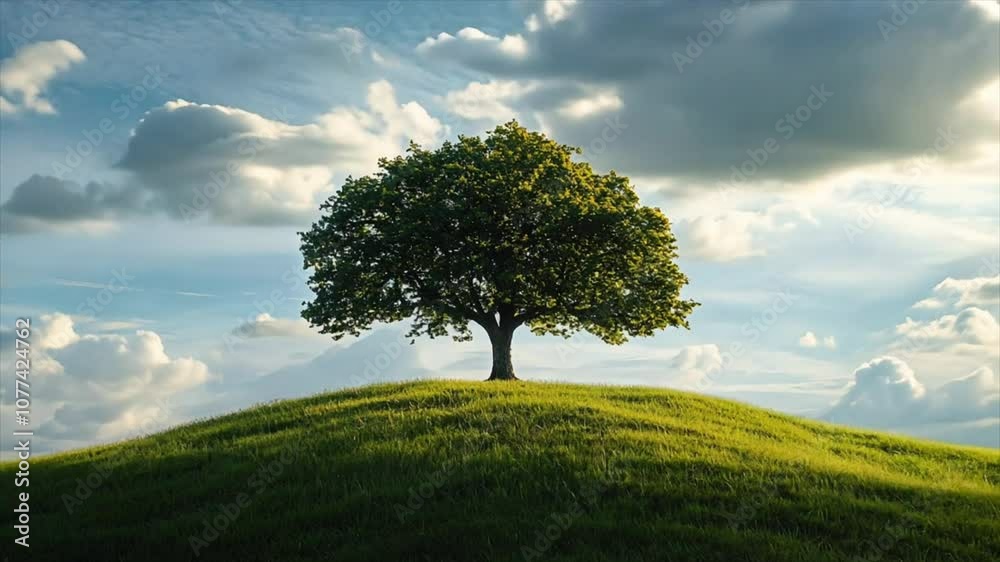 tree growing on hill with green grass tree growing on hill with green grass
