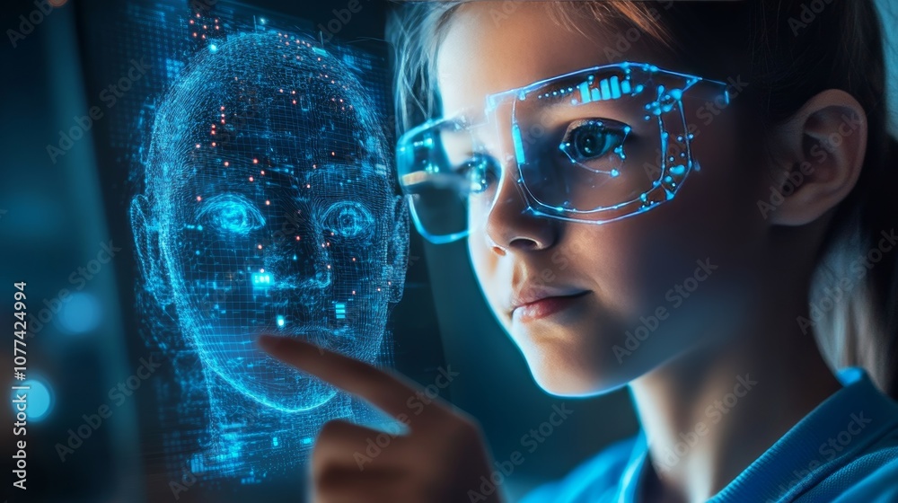 Child using tablet showcasing digital hologram with face id and privacy protection features Child using tablet showcasing digital hologram with face id and privacy protection features