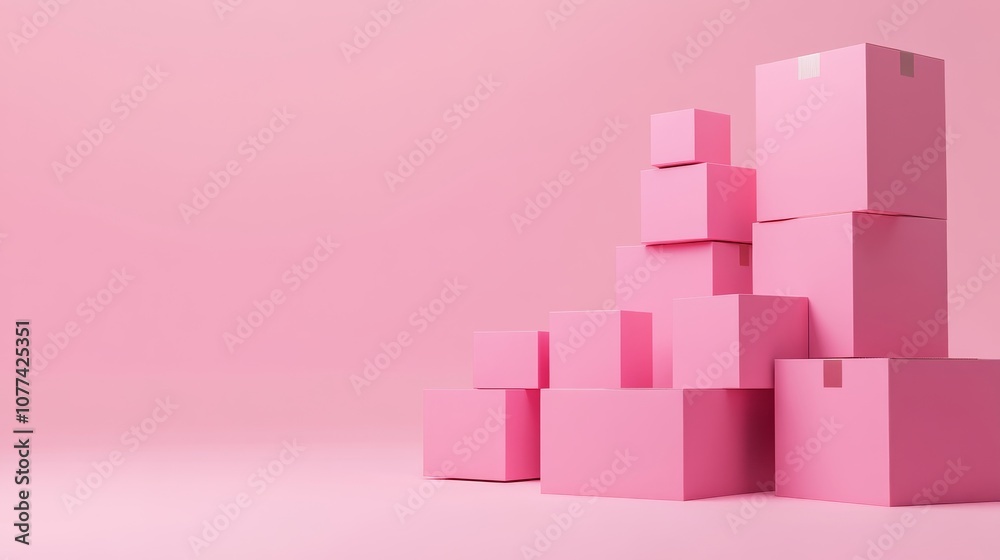 Pink background with 3D render of cardboard box stack representing express delivery, warehousing, parcel transport, and online shopping. Pink background with 3D render of cardboard box stack representing express delivery, warehousing, parcel transport, and online shopping.